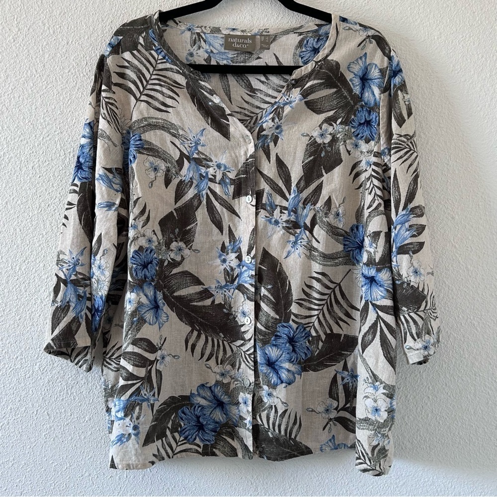 Naturals D&Co Women’s Linen Flax Blend Button Up Large Floral 3/4 Sleeves